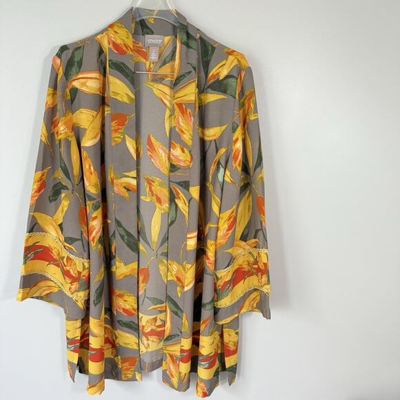 CHICO'S Long Floral Open Duster Cardigan Embroidery Gray Yellow 2 US L New - Picture 7 of 7